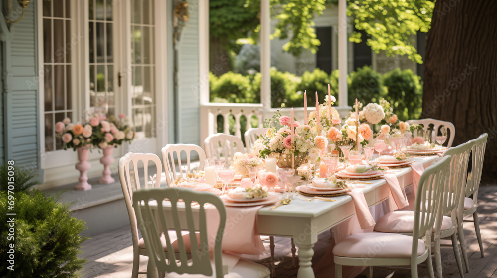 a festively laid table in the garden with flowers and decor in peach fuzz, the color of the year 2024
