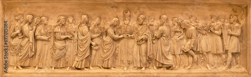 VICENZA, ITALY - NOVEMBER 7, 2023: The marble relief of Wedding of Virgin Mary and St. Joseph on the menza in the church Chiesa di Santo Stefano by unknown artist.