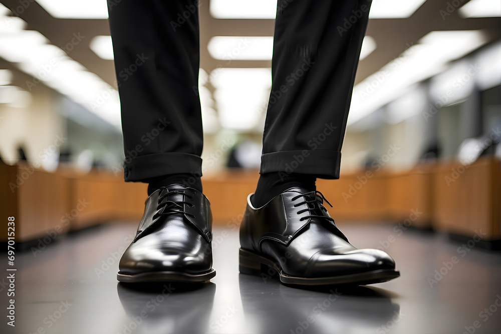 Black shoes of a businessman standing in an office room background, front view shot from below, generative AI Black shoes of a businessman standing in an office room background, front view shot from below, generative AI