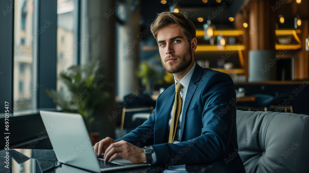 Young businessman with conquering attitude looking at the camera, while working with his laptop