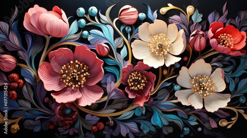 Decorative various flowers on a dark background in 3D art style. Floral pattern with dominance of orange and blue colors. photo