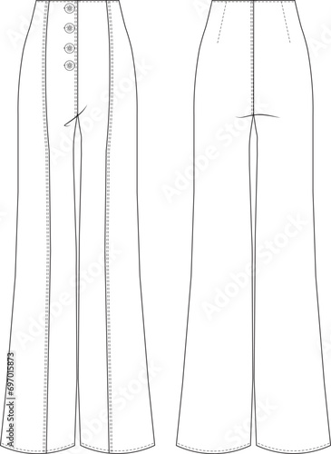 buttoned wide leg sailor palazzo pant trouser template technical drawing flat sketch cad mockup fashion woman model style design jeans denim