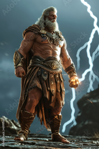 Zeus - Greek god in a full-body shot with a background reflecting his domain or personality Gen AI