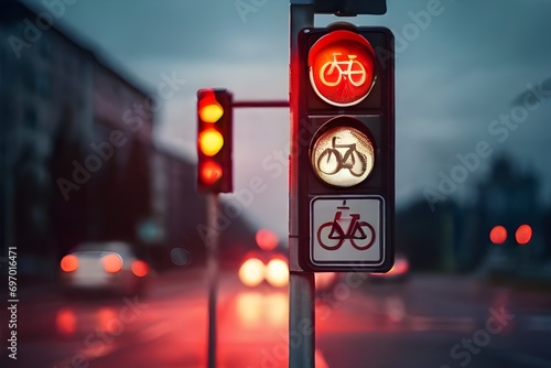 Bicycle stop red warning lamp sign on traffic light road highway driveway drive crossroad intersection evening dark time german city. Bike forward movement prohibited Generative Ai