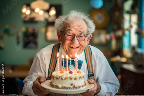 Cheerful senior man celebrating his birthday. Grandad looking at birthday cake with lit candles.