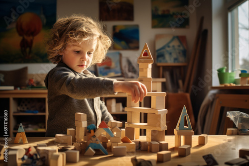 Cute toddler playing with wooden blocks. Small child having fun with toys. Kid spending time in a cozy living room at home. photo