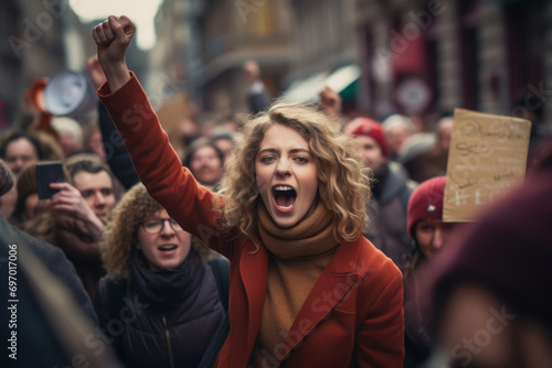 Young woman yelling and shouting in a crowd of protesters. Activists protesting on the street. People publicly demonstrating opposition. Gloomy city scenery. © MNStudio