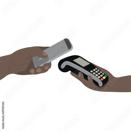 Smartphone and terminal, flat vector, isolate on white, cashless payment, finance, people of different ethnicity