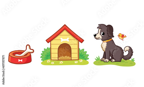 Set of cute dog character, dog house, bone, bowl. Pet animal and their homes, favorite food in cartoon style.