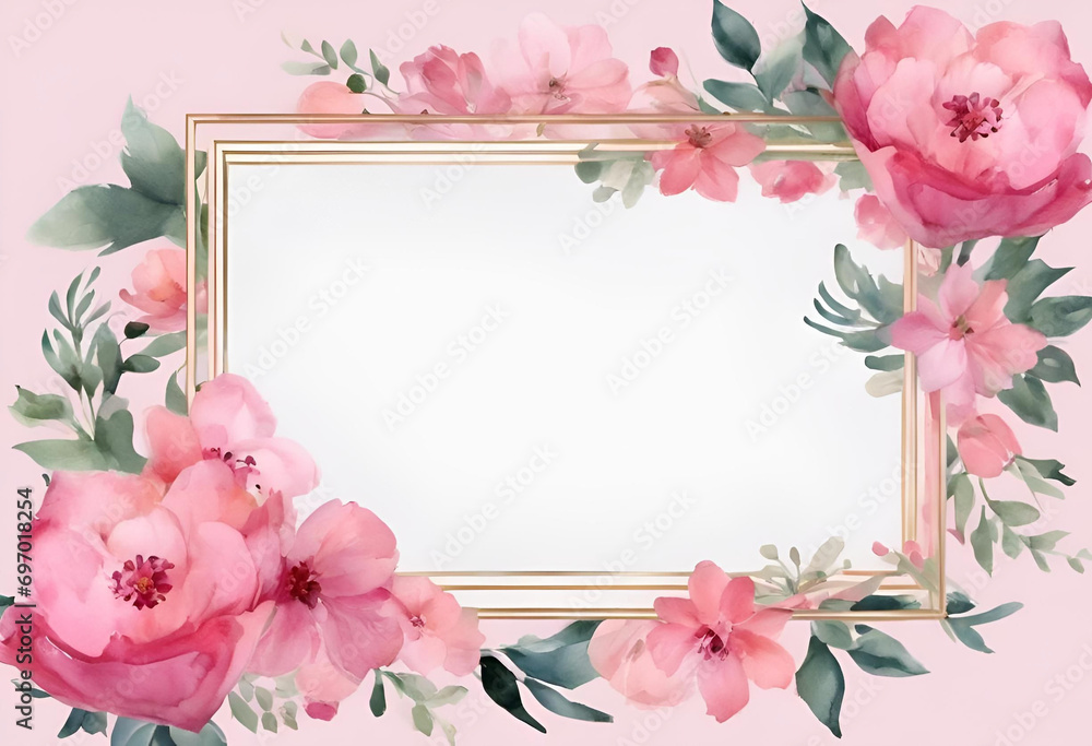 Elegant floral frame with pink watercolor flowers and green leaves on a pastel background, perfect for wedding invitations or greeting cards. - obrazy, fototapety, plakaty 