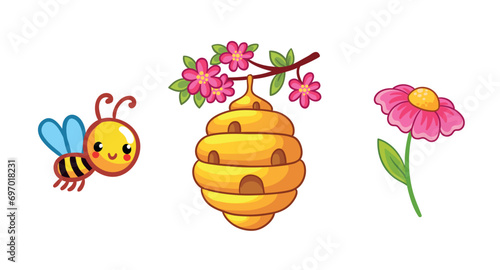 Set of cute bee character, hive, flower, nectar. Insects and their homes, favorite food in cartoon style. © svaga