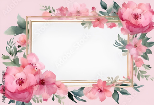 Elegant floral frame with pink watercolor flowers and green leaves on a pastel background, perfect for wedding invitations or greeting cards. #697018254