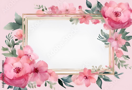 Elegant floral frame with pink watercolor flowers and green leaves on a pastel background, perfect for wedding invitations or greeting cards.