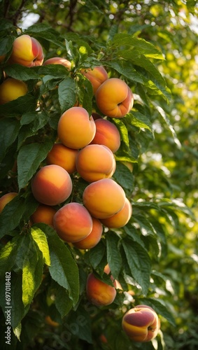 A vibrant and juicy tableau of freshly picked peaches, their golden hues radiating in the sunlight, surrounded by a verdant oasis of lush green leaves.