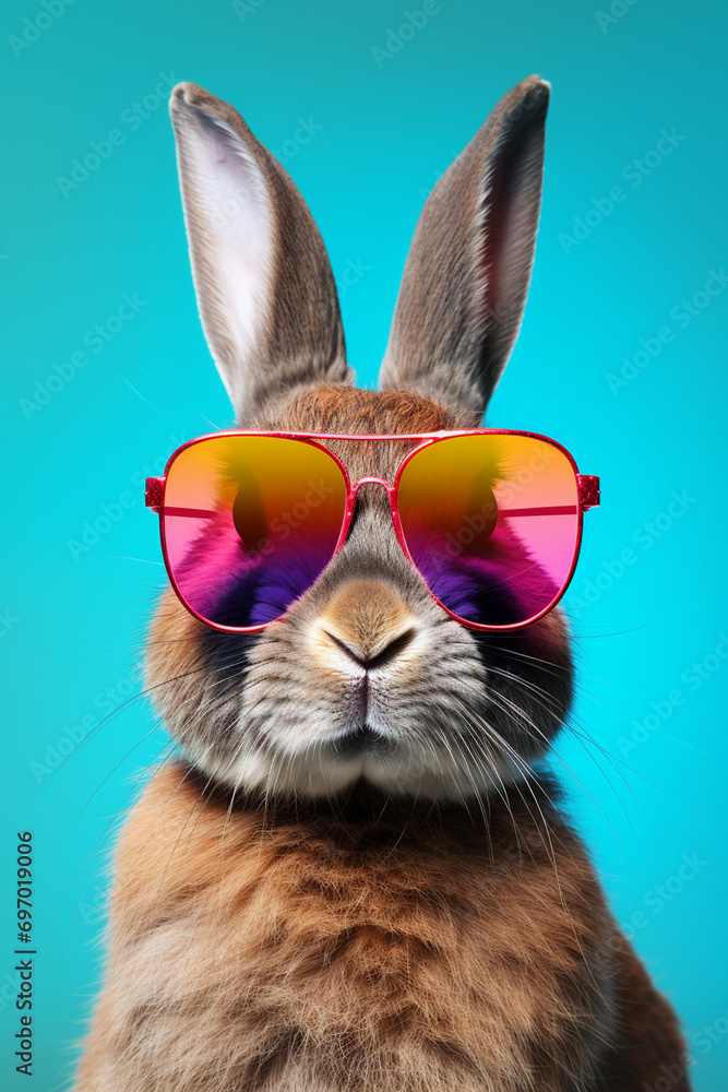 Cute cartoon hare in glasses on a color background.Generative AI