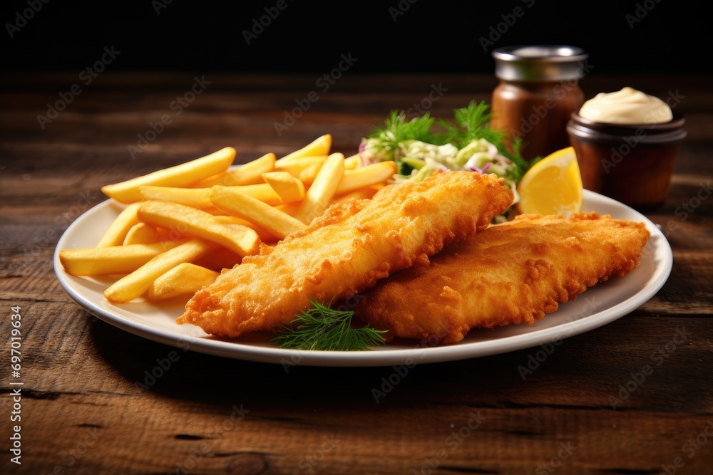Tasty fish and chips on a plate on wooden table Tasty fish and chips on a plate on wooden table