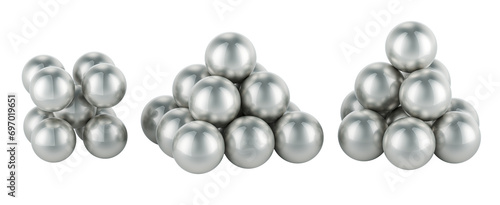 BCC, FCC, HCP atoms package crystal lattices structures. Close-packing of equal spheres illustration. 3D rendering isolated on transparent background