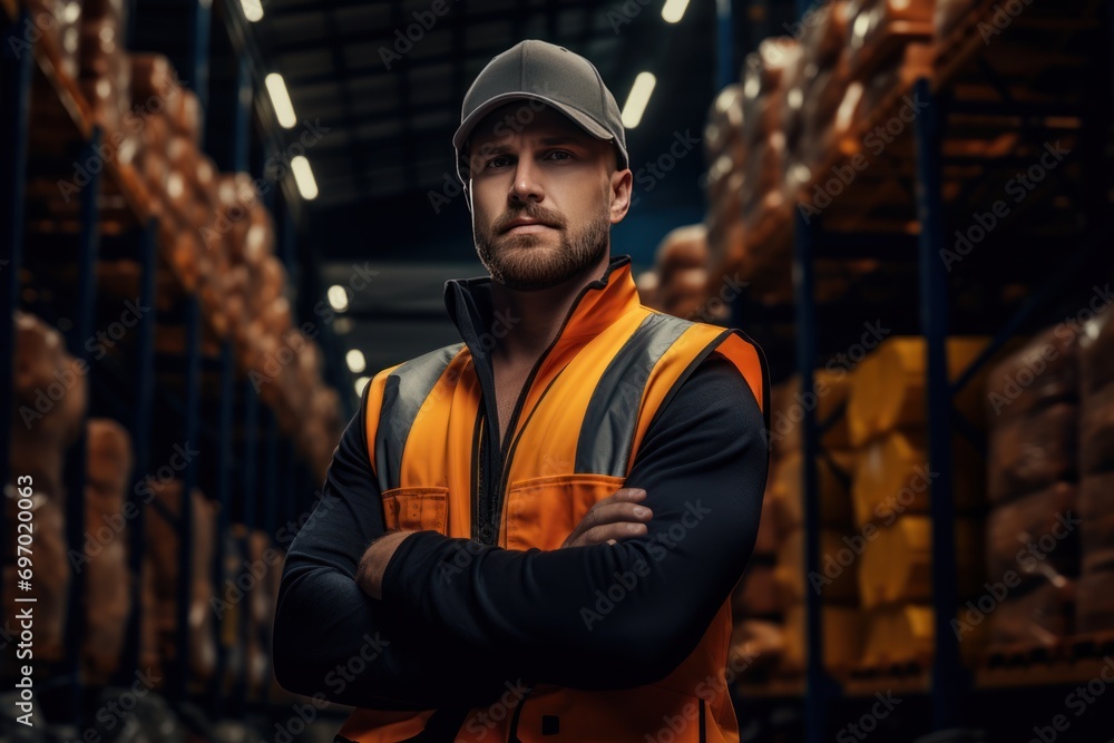 a male warehouse worker in a vest and cap stands against the background of a warehouse with boxes