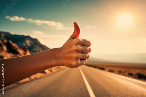 female hand with thumb up, hitchhiking on the background of the road photo