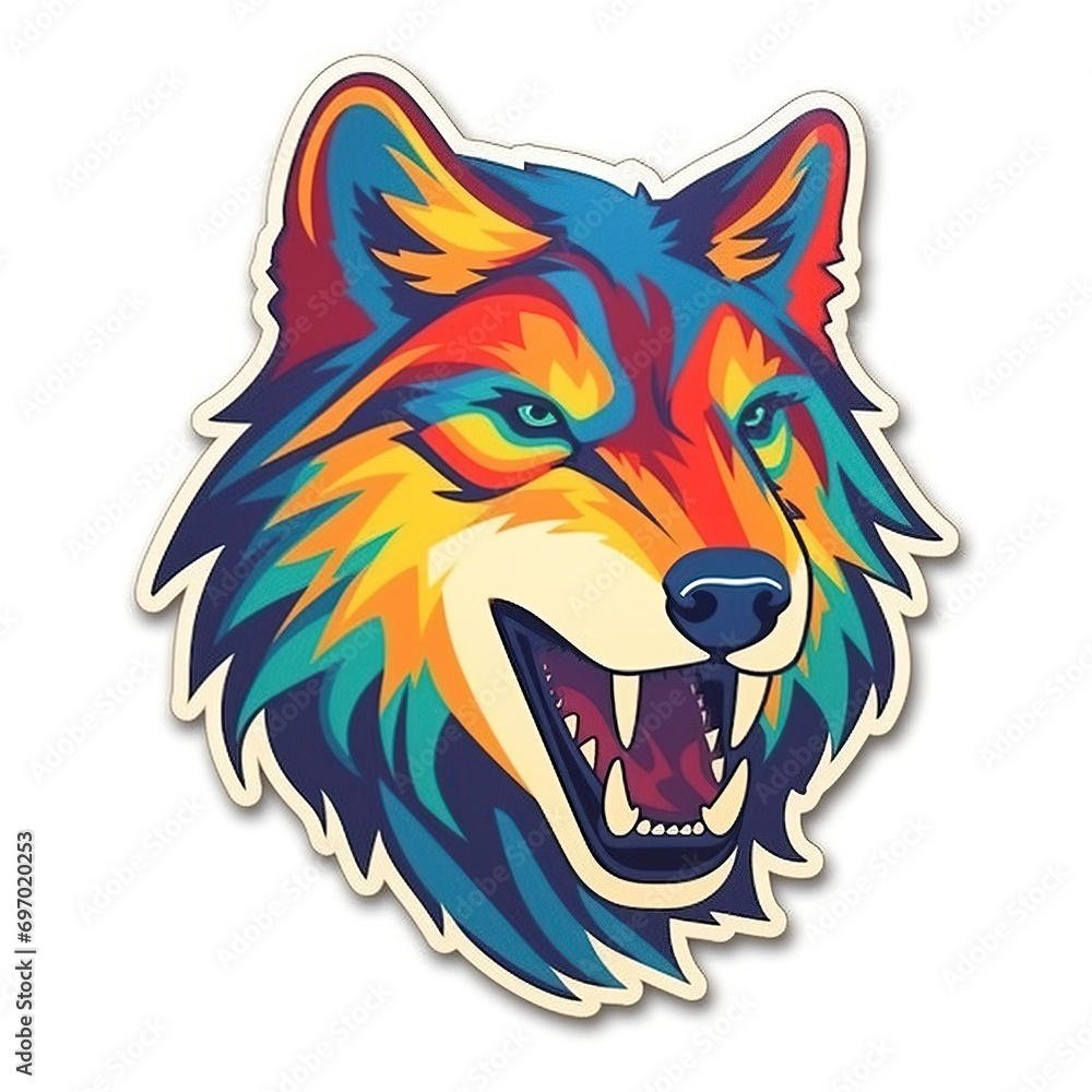 a colorful head wolf sticker on a white background, sticker illustration, die cut sticker, sticker concept design