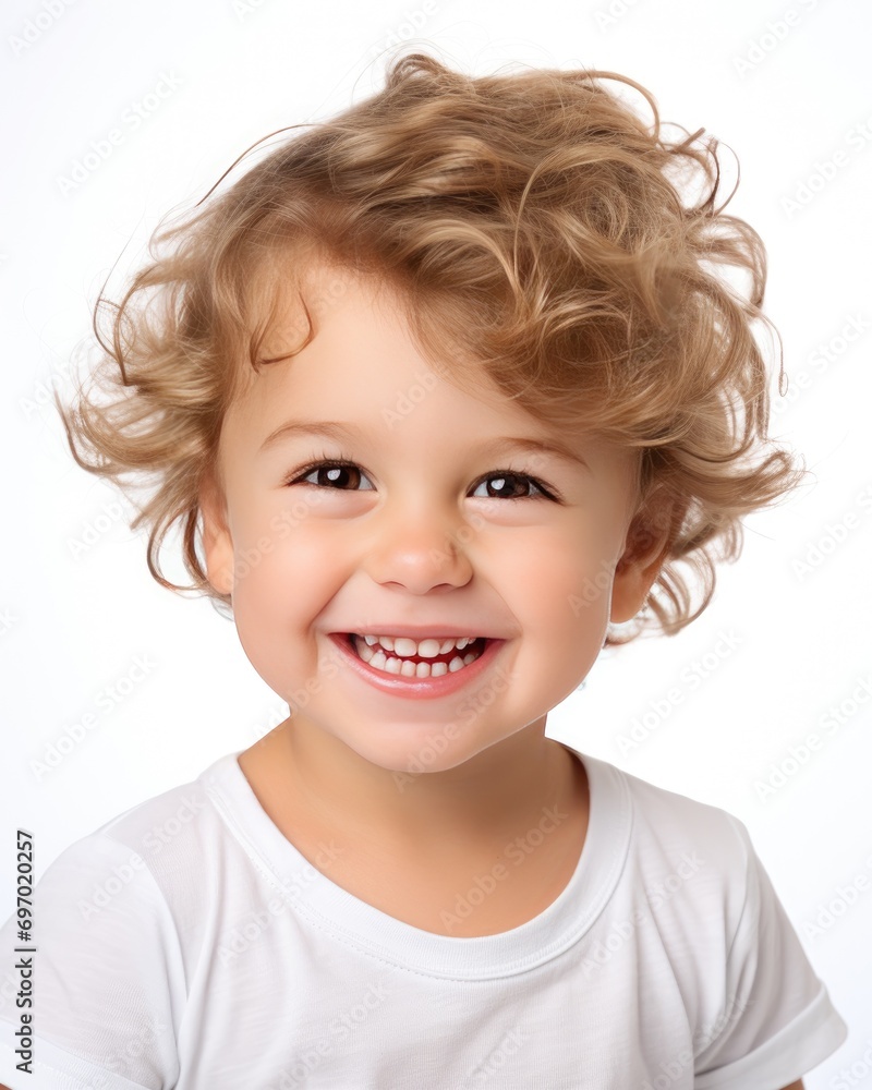 Laughing curly-haired toddler on white background Laughing curly-haired toddler on white background