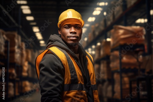 a darkskinned male warehouse worker in a vest and helmet stands against the background of a warehouse