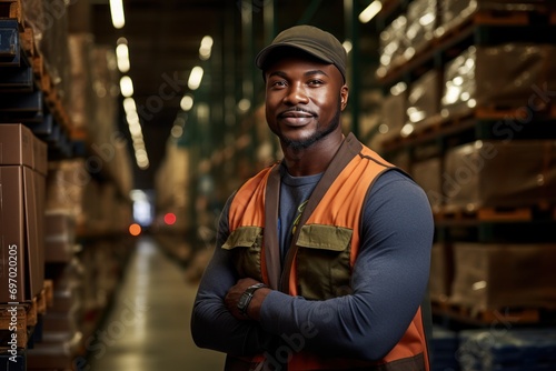 a darkskinned male warehouse worker in a vest and cap stands against the background of a warehouse with boxes