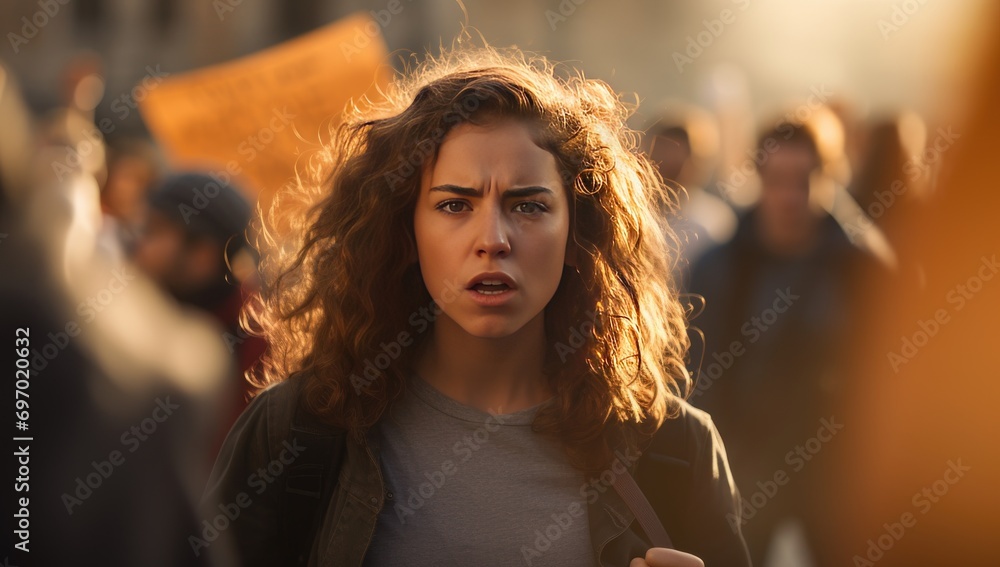 Serious girl at a protest with a crowd Serious girl at a protest with a crowd