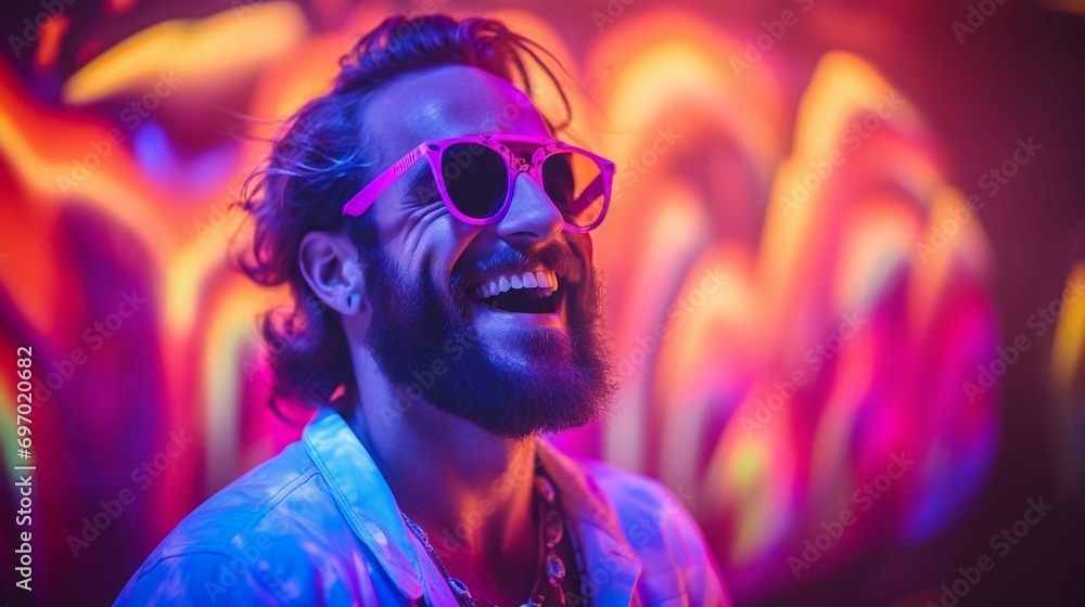 Neon portrait of smiling man model with mustaches and beard in sunglasses and white t-shirt.