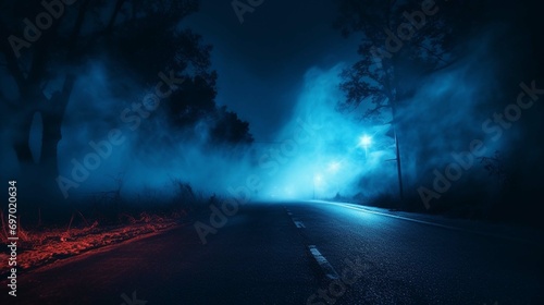 Mysterious smoke background in blue neon light over old asphalt. Street with a dark horror atmosphere. Night scene with fog without people. Horror smoke road. Background with smog