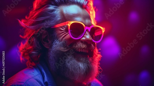 Neon portrait of smiling man model with mustaches and beard in sunglasses and white t-shirt. © sania