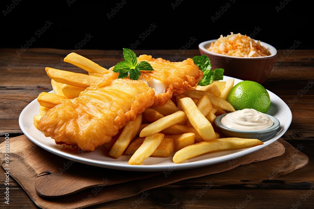 Delicious fish and chips arranged on a wooden table. Delicious fish and chips arranged on a wooden table.