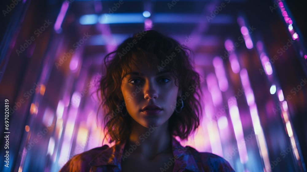 Portrait Of Young Female Woman In Room With Neon Lights