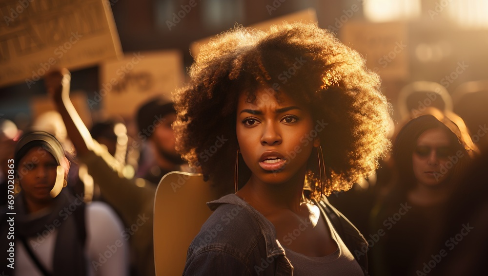 Fototapeta premium African American young woman at a protest with a crowd