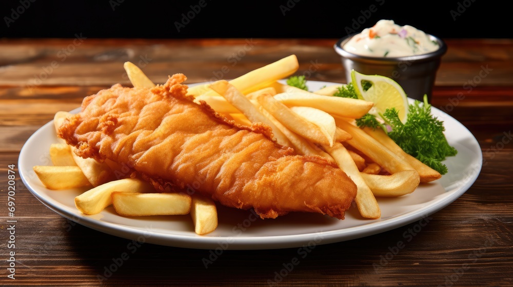 Delicious fish and chips arranged on a wooden table.