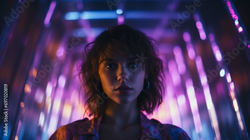 Portrait Of Young Female Woman In Room With Neon Lights