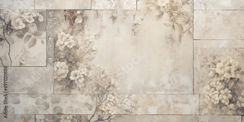 background,old worn wall,patchwork tiles with decorative ornate elements,beige-gray tinting,place for dough,banner concept and textures