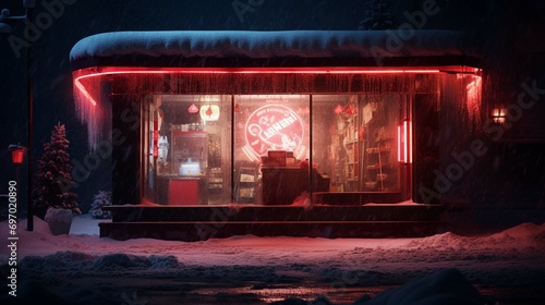 Red neon sign hanging on a window with snow