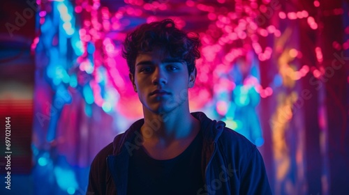 Young hispanic man close to a neon light with blue and red lights