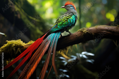A Quetzal a brilliantly colored bird with long tail feathers in its lush and vibrant forest habitat
