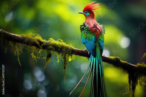 A Quetzal a brilliantly colored bird with long tail feathers in its lush and vibrant forest habitat photo