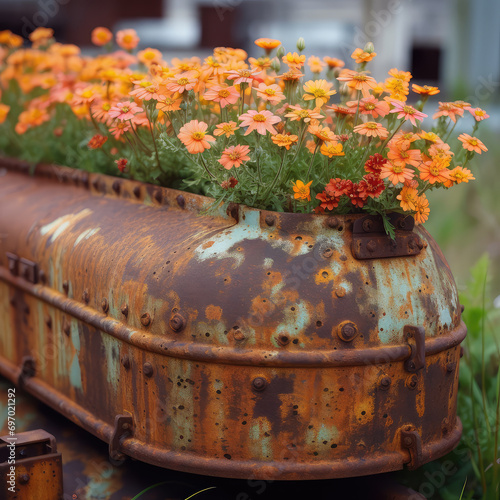 Fragment of old rusty abandoned container in meadow with orange flowers on summer day. Metal box and nature, life inside death concept photo