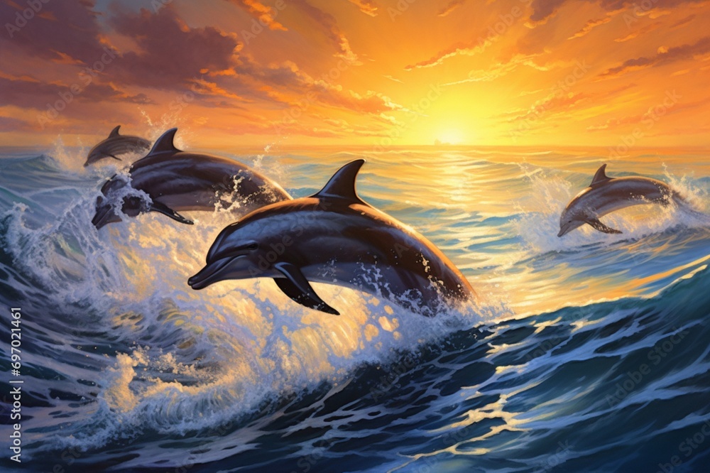 : A group of playful dolphins leaping gracefully in the sparkling waves of a sunlit ocean