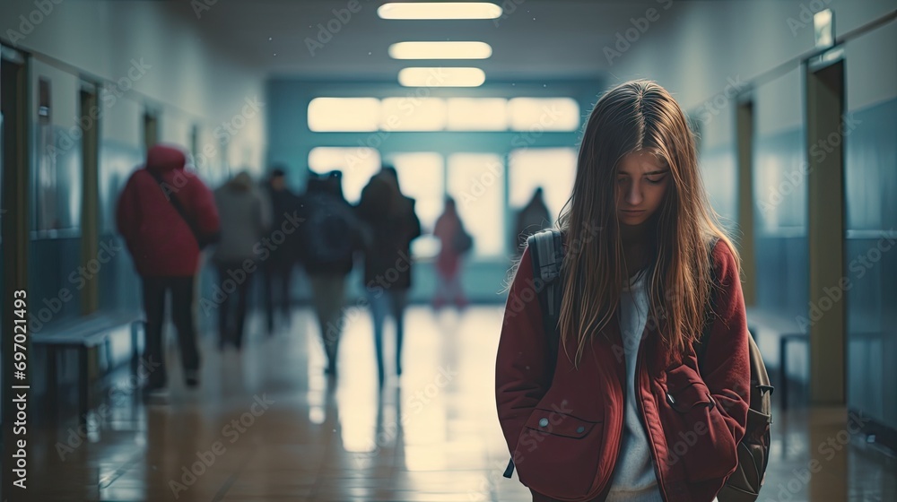 Depressed sad teenage girl in school - obrazy, fototapety, plakaty 