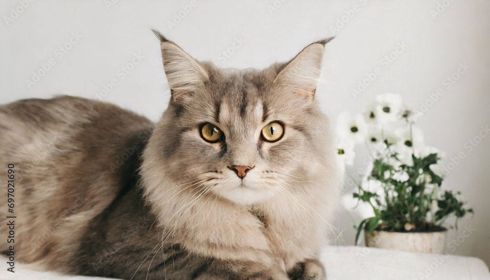 gray long haired cat with flower pot, 16:9 widescreen wallpaper / backdrop 