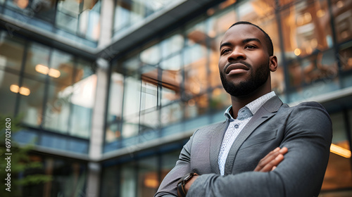 confident African American man standing in front of a office building