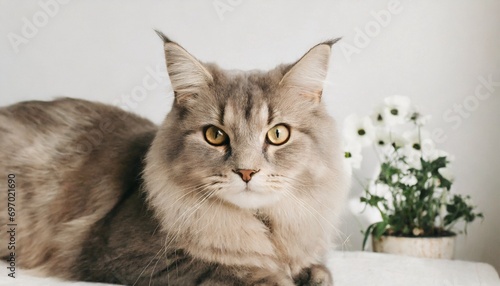 gray long haired cat with flower pot, 16:9 widescreen wallpaper / backdrop 