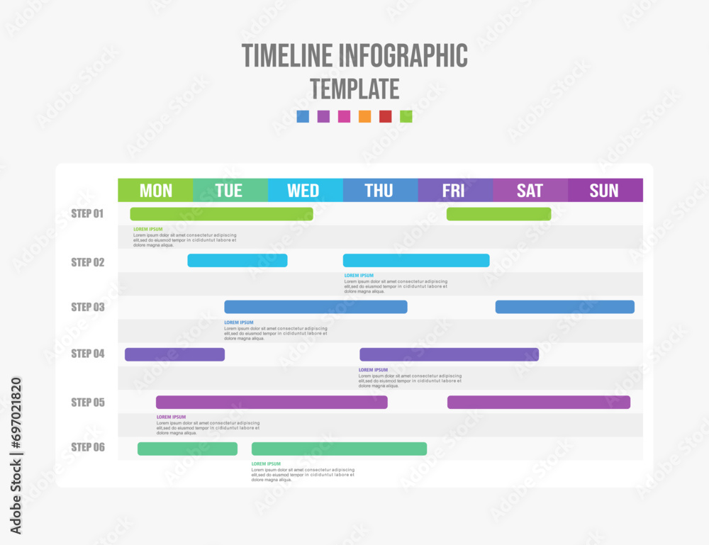 Horizontal timeline template, Timeline infographic. Weekly timeline infographic. - obrazy, fototapety, plakaty 