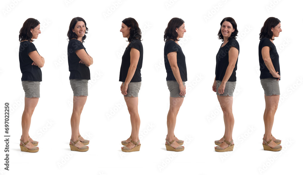 Obraz premium side view of a group of same woman with shorts on white background