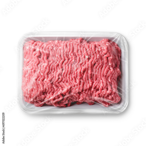 a white plastic tray with minced meat isolated on a white background